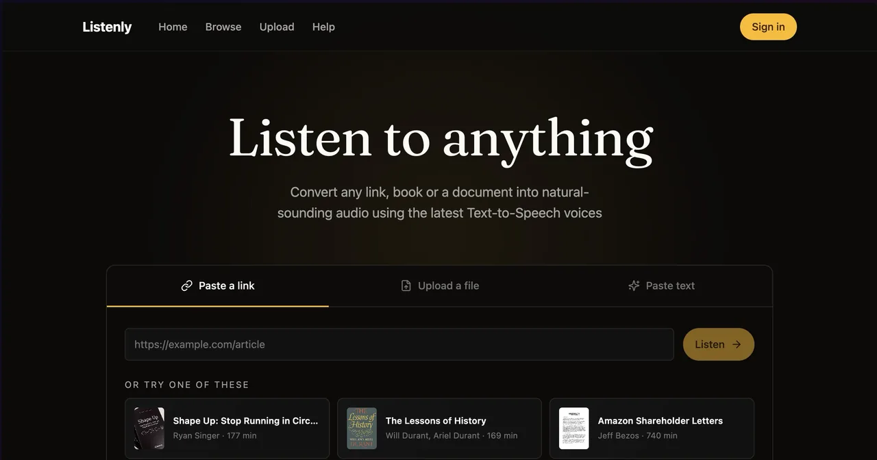Listenly's homepage: Listen to anything
